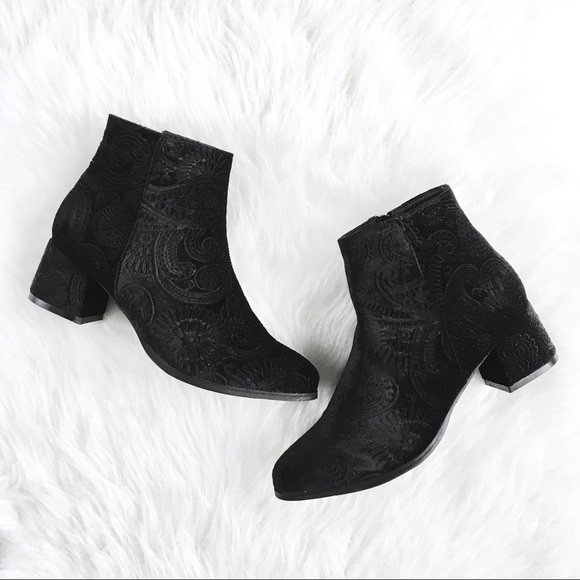 Qupid Shoes - "VaVa" Black Velvet Paisley Embossed Ankle Boots